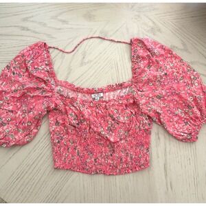 AFRM Floral Print Crop Top‎ Pink Puff Sleeve Square Neck Smocked Top Size M NWT